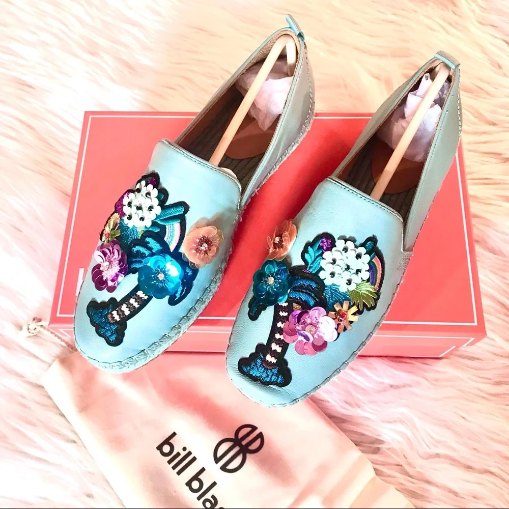 Bill Blass Sutton Espadrille Aqua Leather Sequin Floral Flats NWT SZ 8 Dopamine